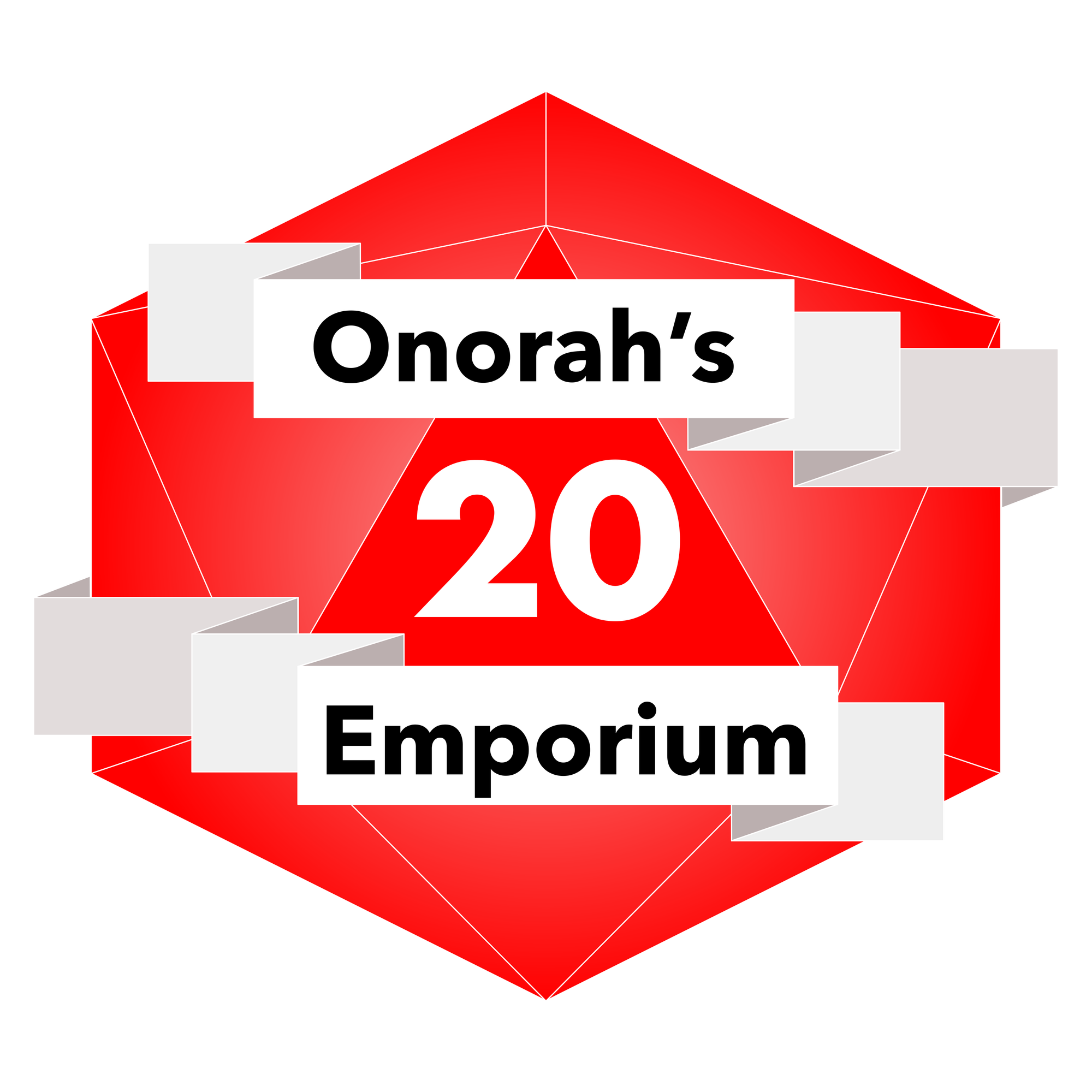 Red 20-sided die draped with a white ribbon emblazoned with the words Onorah’s Emporium